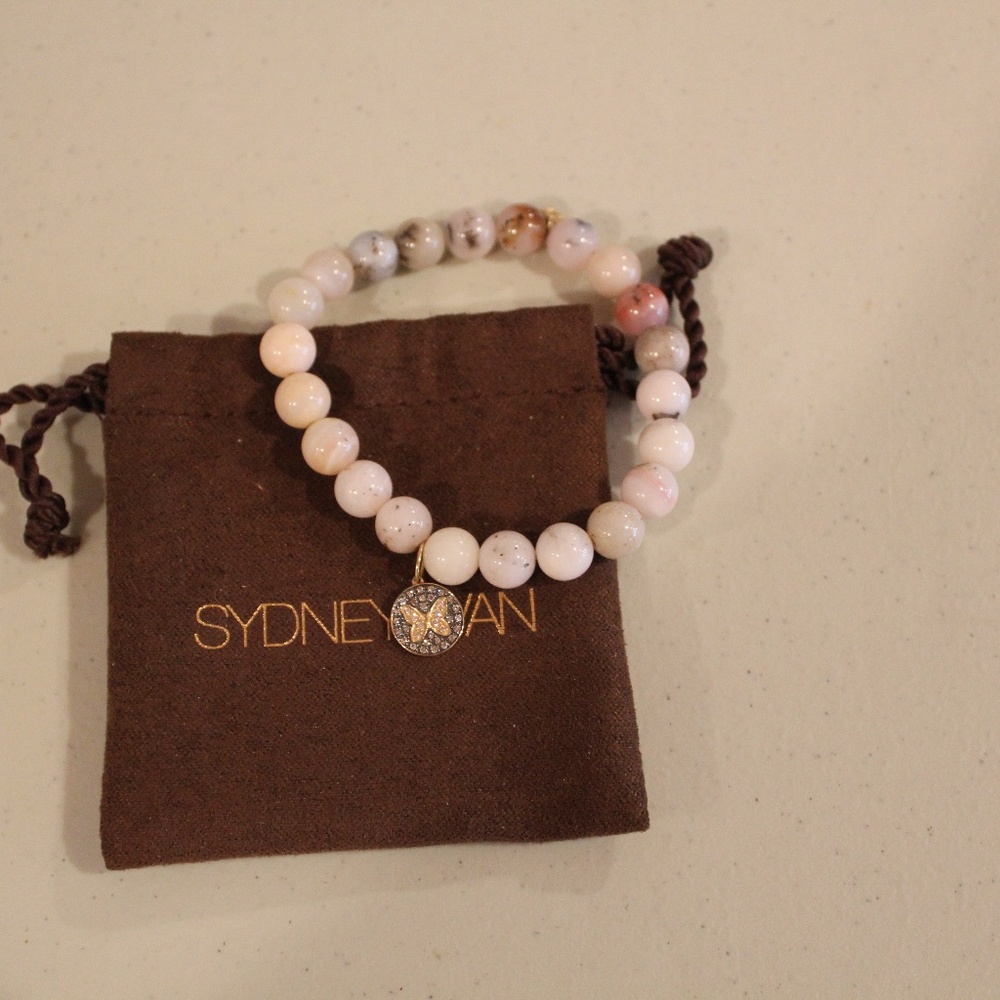 Sydney Evan Diamond 14K Butterfly Charm Bead Bracelet Pink White Opal NWOT